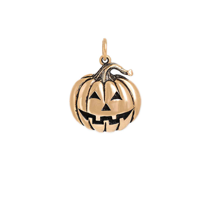 Bronze Jack O’ Lantern Charm Necklace – Halloween Pendant on 18" Gold Filled Chain