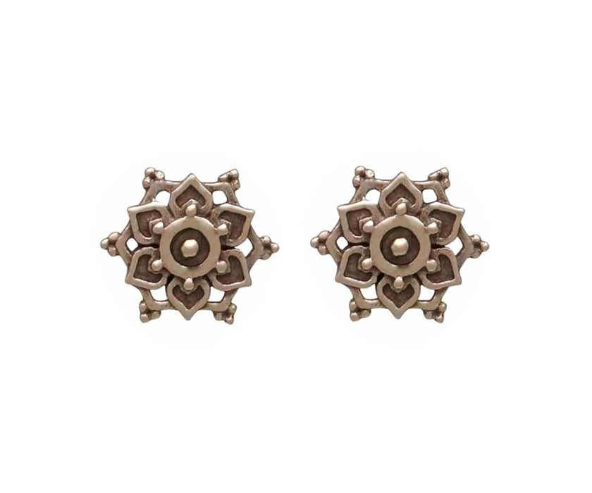 Bronze Lotus Mandala Stud Earrings – Petite 10x10mm, Sterling Silver Posts, Handmade