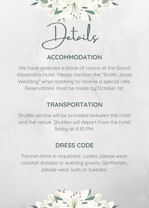 White Lily Wedding Invitation & Details Card Set – Editable Canva Template – Instant Download