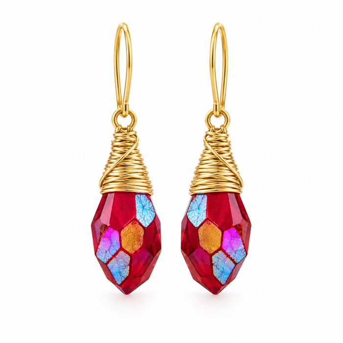 Red Czech Glass Crystal Gold Filled Wire Wrapped Drop Earrings