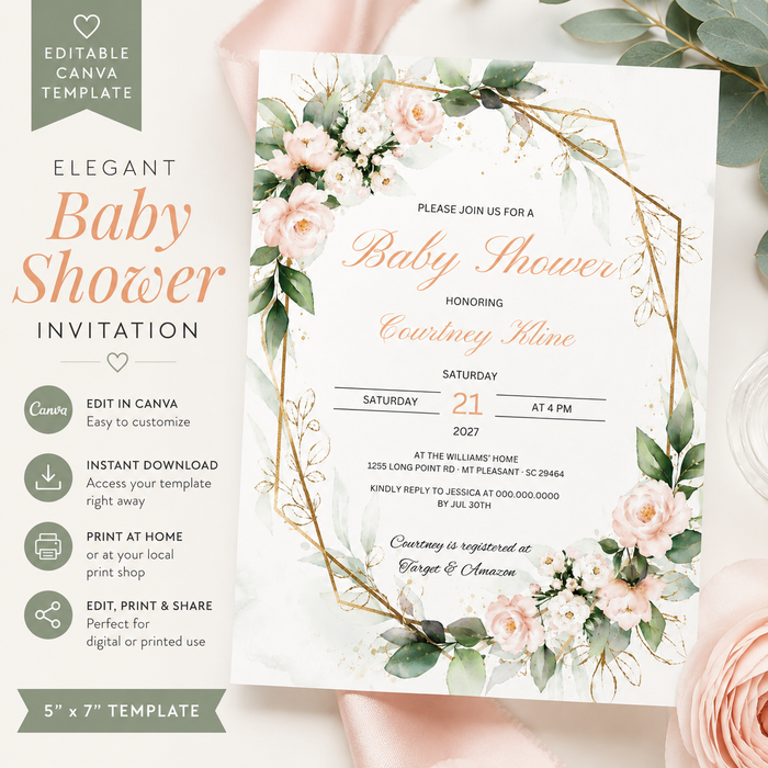 Elegant Baby Shower Invitation | Editable Canva Template