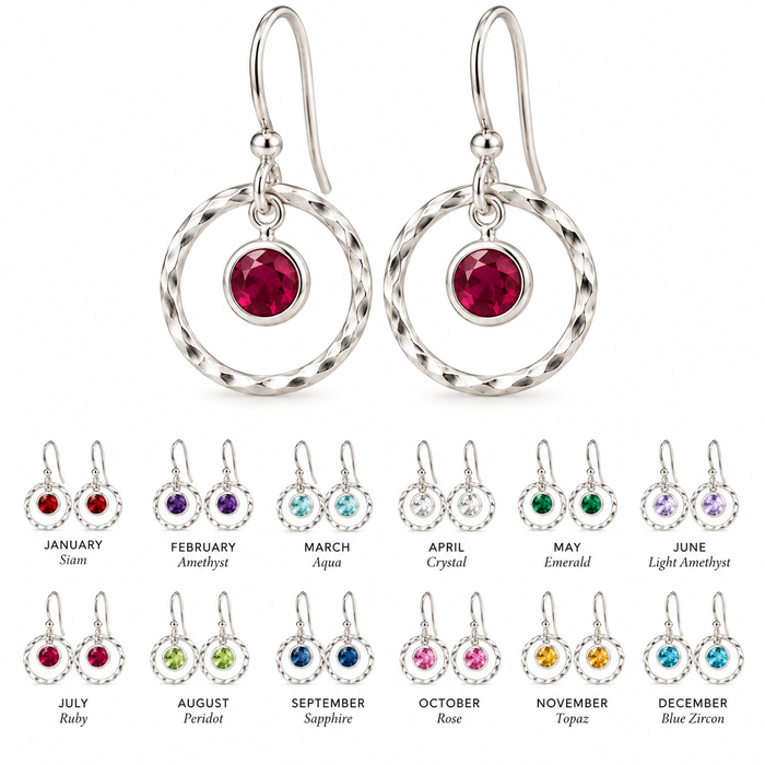 Hammered Orbit Birthstone Earrings – Sterling Silver