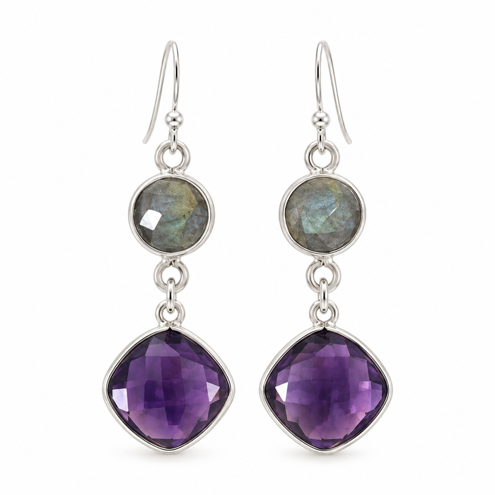 Amethyst & Labradorite Drop Earrings – Sterling Silver