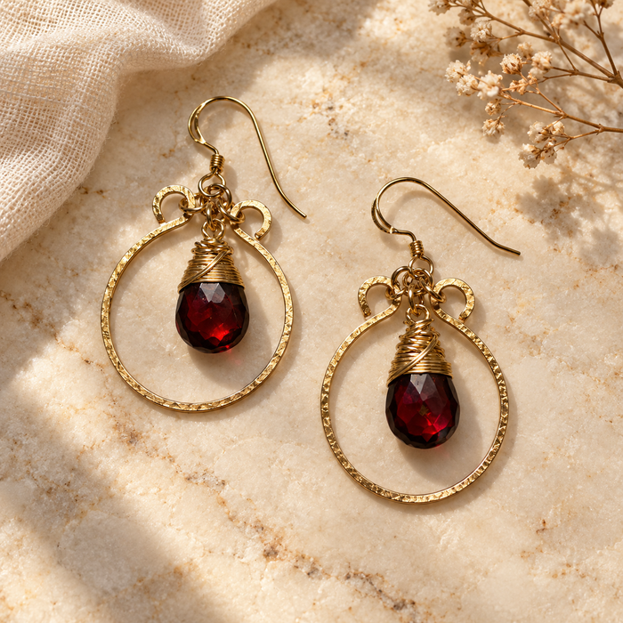 Garnet Glow – Gold Filled Dangle Earrings