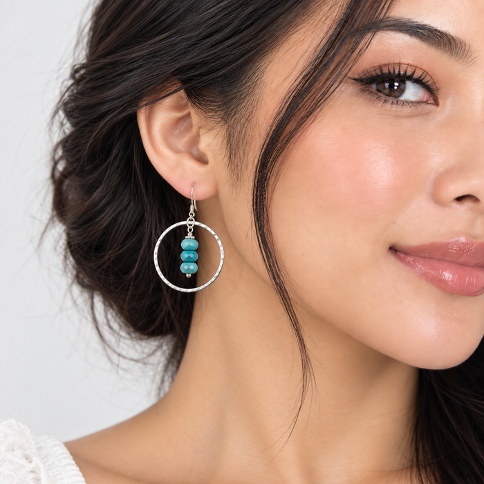 Hammered Circle Earrings with Turquoise - Sterling Silver