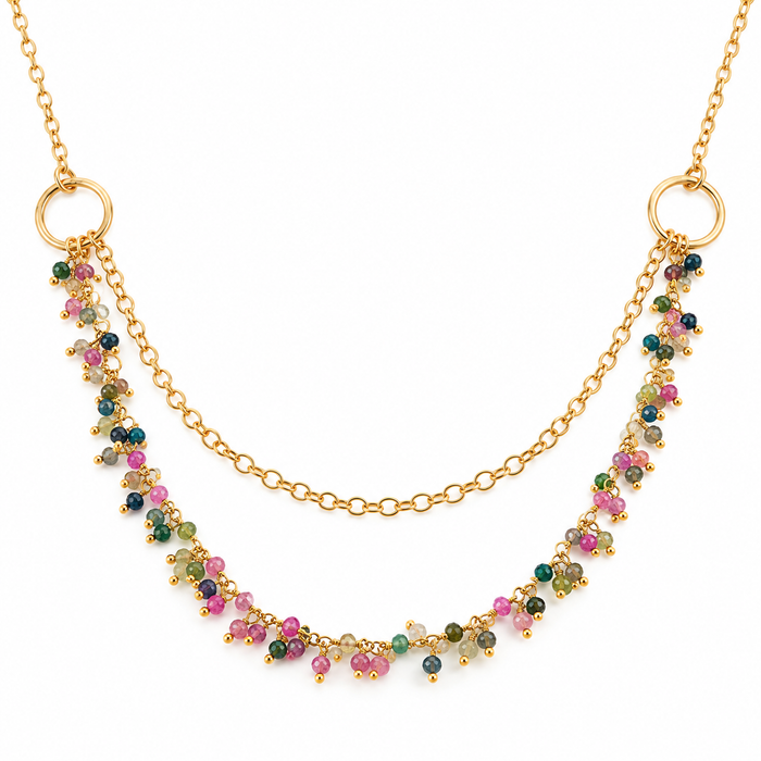 One of a Kind Tourmaline Cluster Necklace – Dual Layer Gold Filled Statement Necklace – Handmade in Raleigh