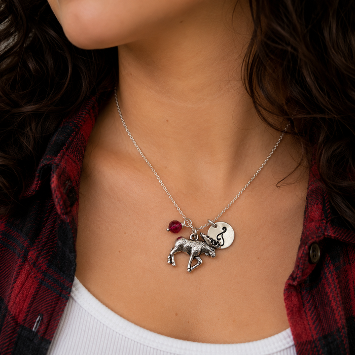 Personalized Moose Necklace – Moose Charm with Sterling Silver Chain, Birthstone & Initial