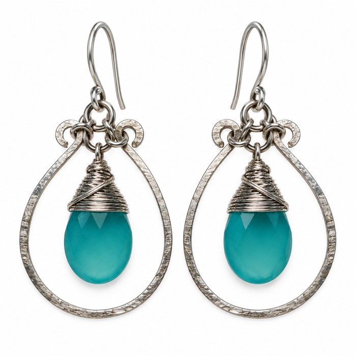 Blue Chalcedony & Hammered Sterling Silver Hoop Earrings