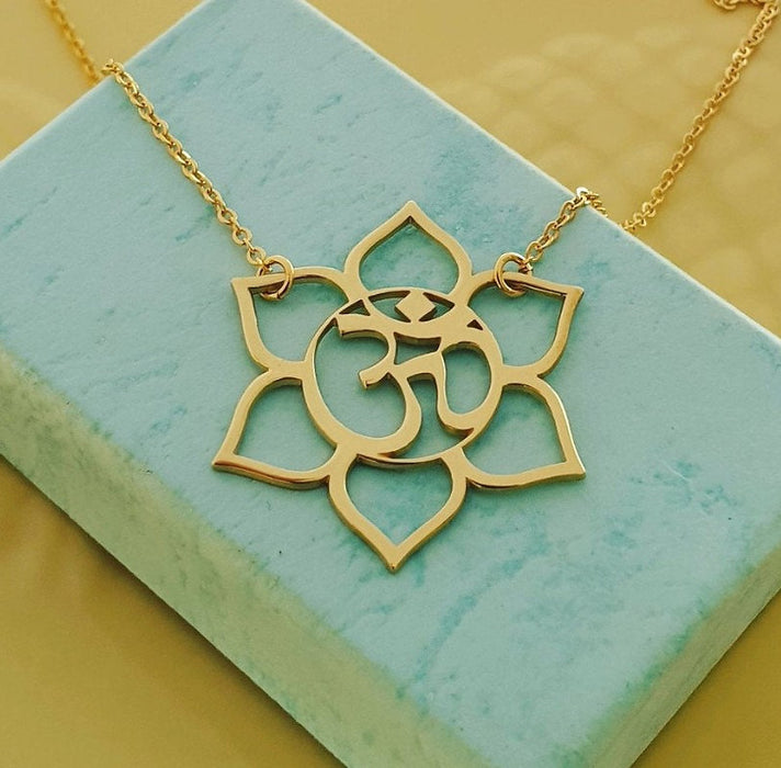 Gold Lotus Om Necklace – 14k Gold Filled, Dainty Yoga Jewelry, 17" Handmade Necklace