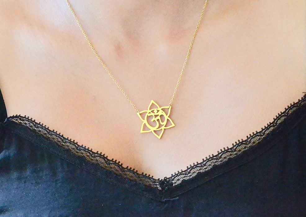 Gold Lotus Om Necklace – 14k Gold Filled, Dainty Yoga Jewelry, 17" Handmade Necklace