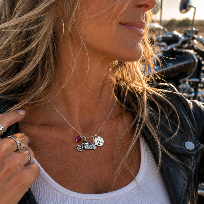 Personalized Motorcycle Necklace – Sterling Silver with Birthstone or Pearl