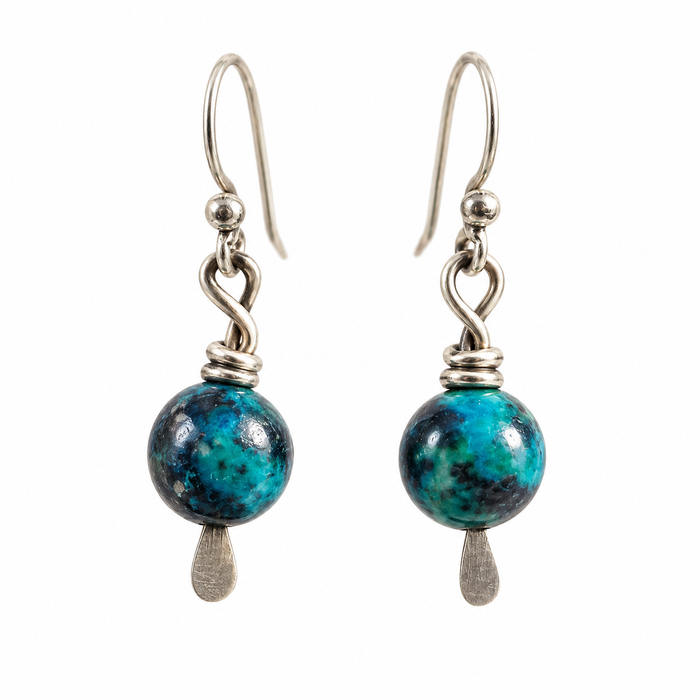 Chrysocolla Minimalist Earrings – Wire Wrapped Silver Dangles