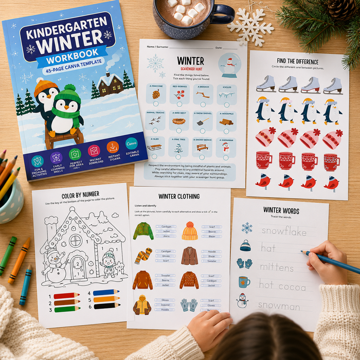 Kindergarten Winter Workbook | 45-Page Editable Canva Template