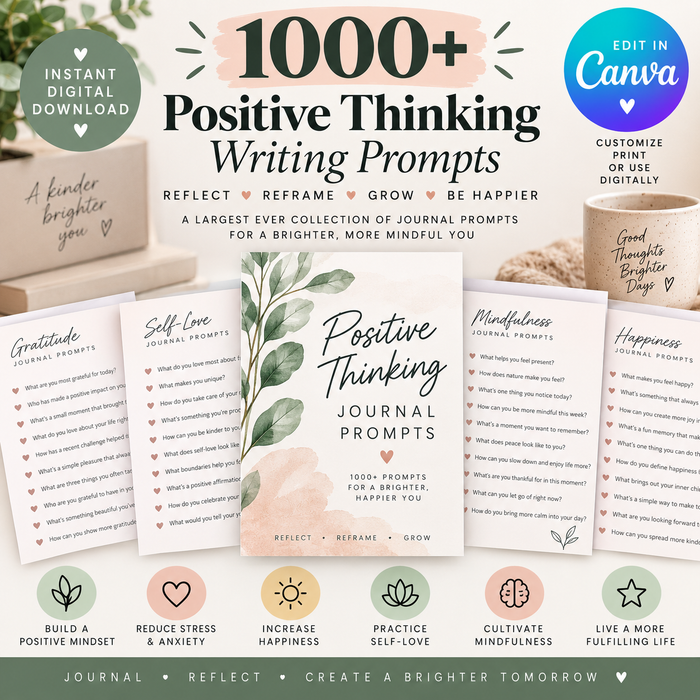 1000+ Positive Thinking Writing & Journal Prompts | Editable Canva Digital Download