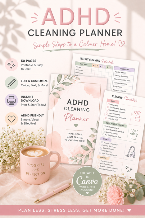ADHD Cleaning Planner | 50 Pages Printable and Editable in Canva