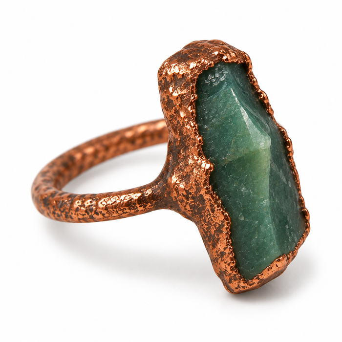 OOAK Green Jade Electroformed Copper Ring – Size 7.5