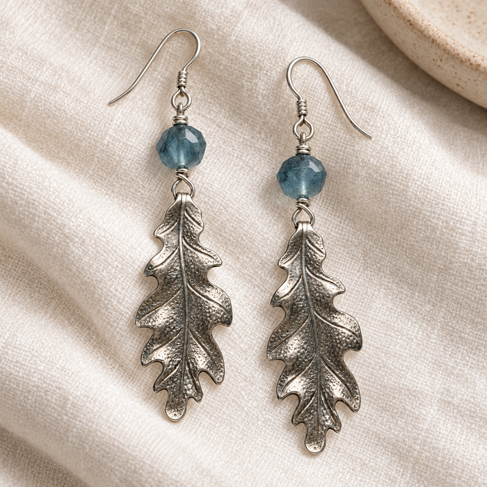 Fluorite & Pewter Oak Leaf Earrings