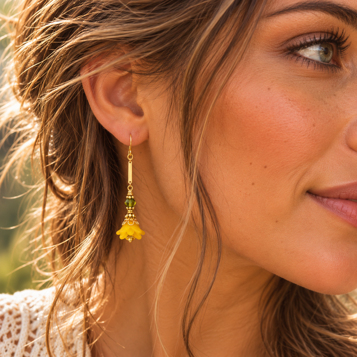 Orange Lucite Flower & Swarovski Crystal Dangle Earrings