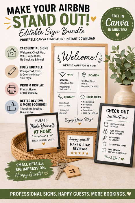 24 Airbnb Essential Signs Bundle – Canva Template | Editable Instant Download