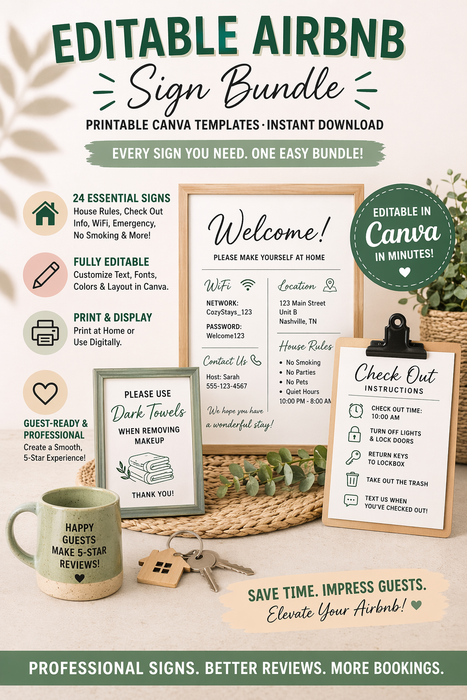 24 Airbnb Essential Signs Bundle – Canva Template | Editable Instant Download
