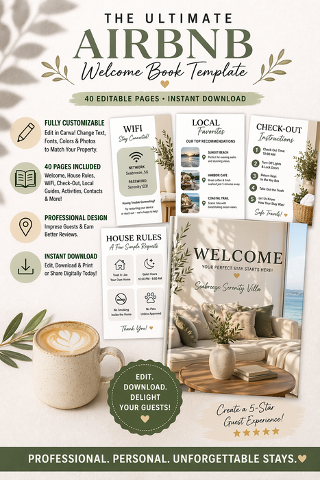 Editable Airbnb Welcome Booklet Template – 40 Pages of Customizable Guest Essentials