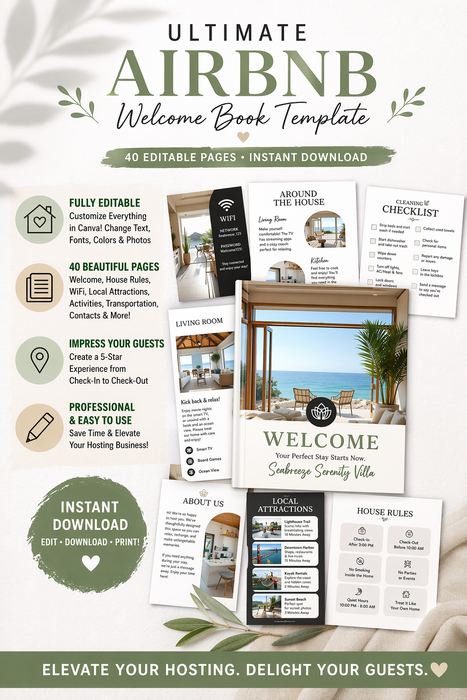 Editable Airbnb Welcome Booklet Template – 40 Pages of Customizable Guest Essentials