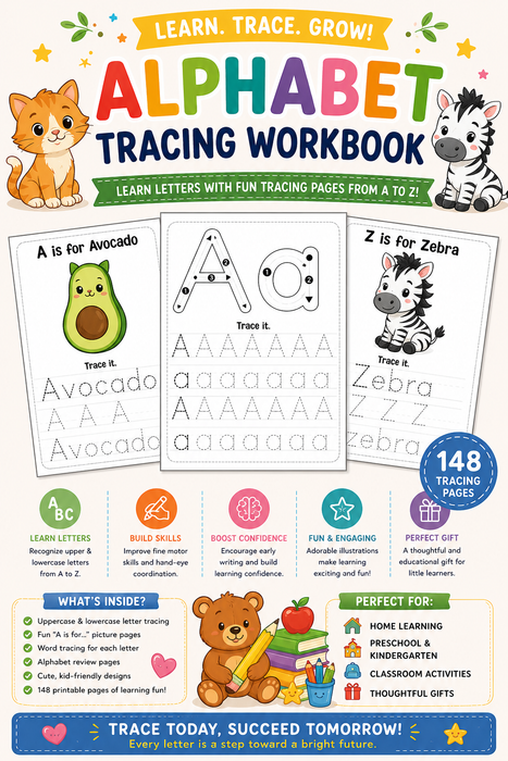 Alphabet Tracing Workbook for Kids – 148 Pages | Instant PDF Download