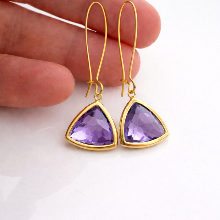 Amethyst Hydro Quartz Triangle Drop Earrings – Gold Plated Brass – 2” Geometric Purple Dangle Earrings