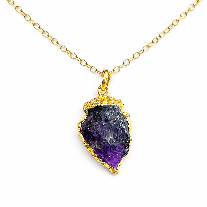 Amethyst Arrowhead Necklace – Gold Edged Crystal on 20" Gold Filled Chain