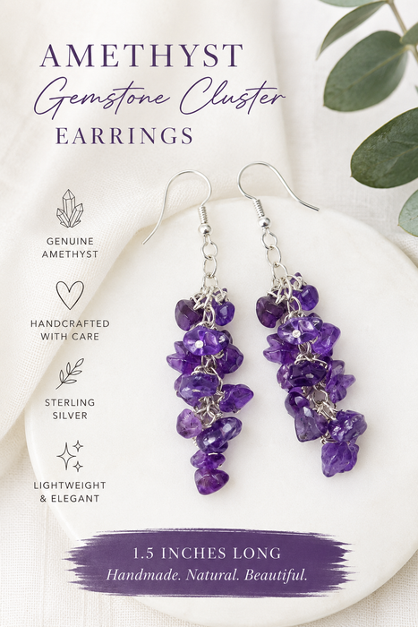Amethyst Gemstone Wire Wrapped Cluster Sterling Silver Earrings