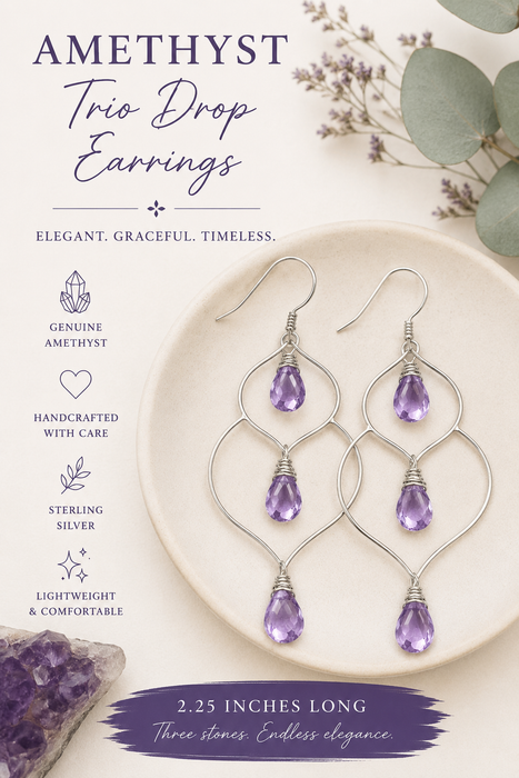Amethyst Trio Drop Wire Wrapped Sterling Silver Earrings