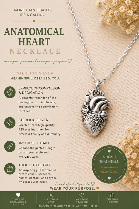 Sterling Silver Anatomical Heart Necklace – Realistic Heart Charm for Medical Professionals & Students