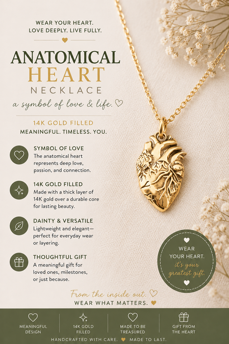 Anatomical Heart Charm 14k Gold Filled Necklace