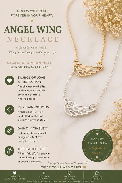 Sideways Angel Wing Memorial Necklace – 18" Gold Filled or Sterling Silver
