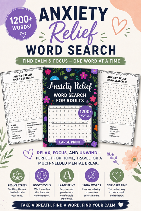 Anxiety Relief Word Search for Adults – Large Print & 1200 Words