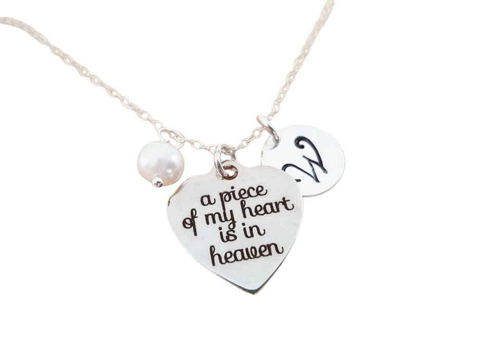 Personalized Memorial Necklace – 'A Piece of My Heart is in Heaven' Charm with Swarovski Birthstone & Initial | Sterling Silver Gift for Her