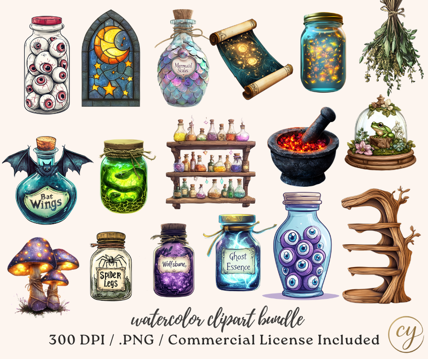 Enchanted Apothecary Watercolor Clipart Bundle – 166 PNGs, 300 DPI, Commercial License