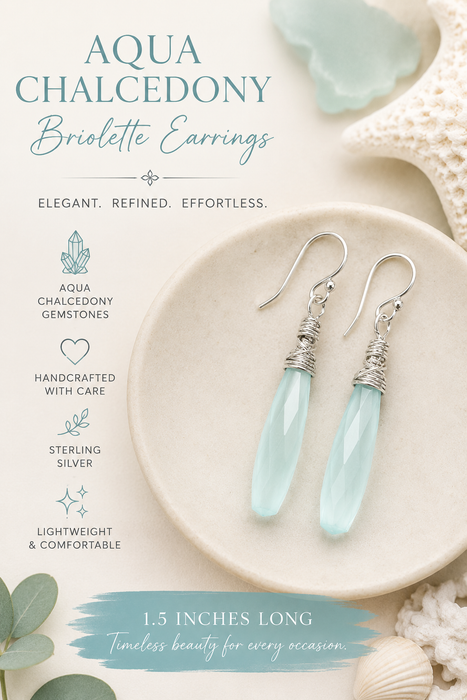Aqua Chalcedony Long Briolette Wire Wrapped Earrings