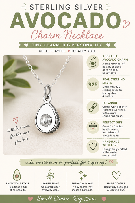 Sterling Silver Avocado Charm Necklace – Tiny Food Jewelry, Handmade Gift