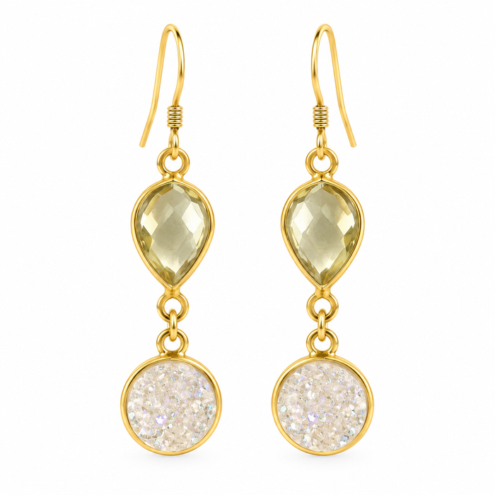 Lemon Quartz & White Druzy Drop Earrings – 14k Gold Filled