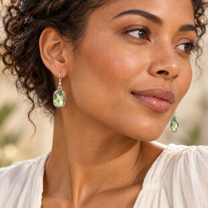 Green Amethyst Rectangle Earrings in Sterling Silver