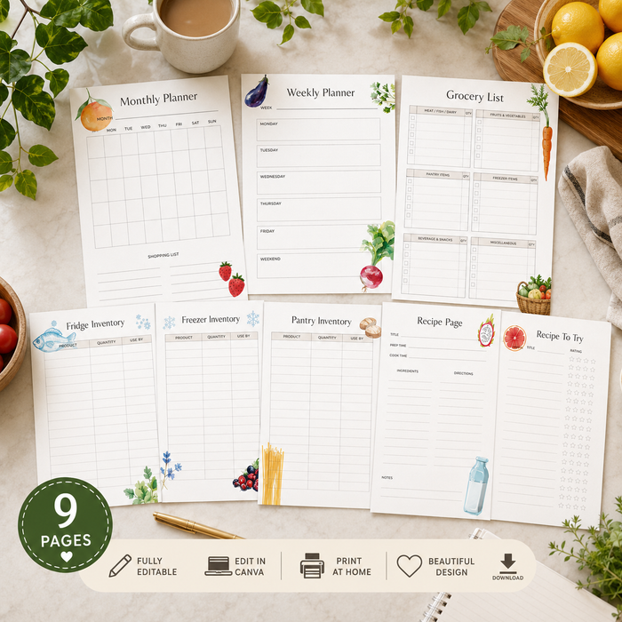 Meal Planner Printable Bundle | 9 Editable Canva Templates