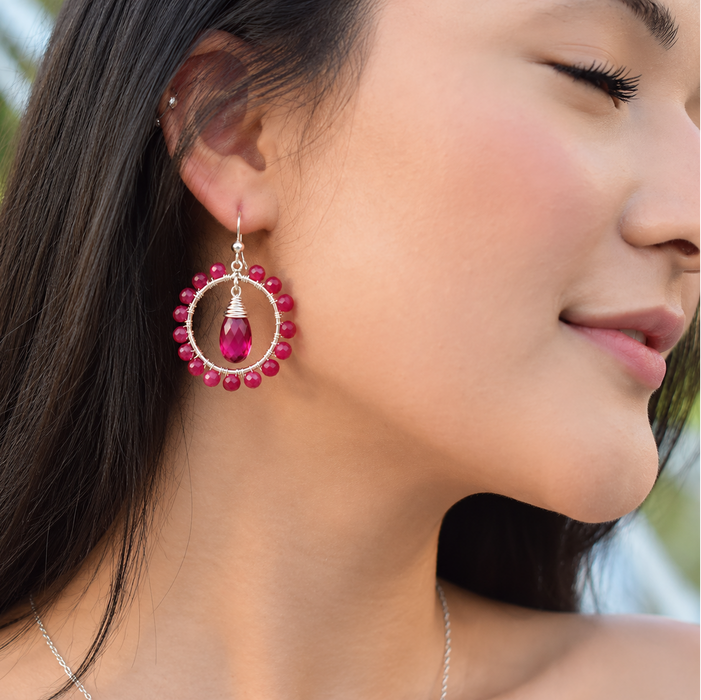 Pink Sapphire & Rubellite Gemstone Hoop Earrings – Sterling Silver