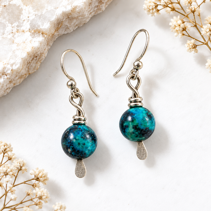 Chrysocolla Minimalist Earrings – Wire Wrapped Silver Dangles