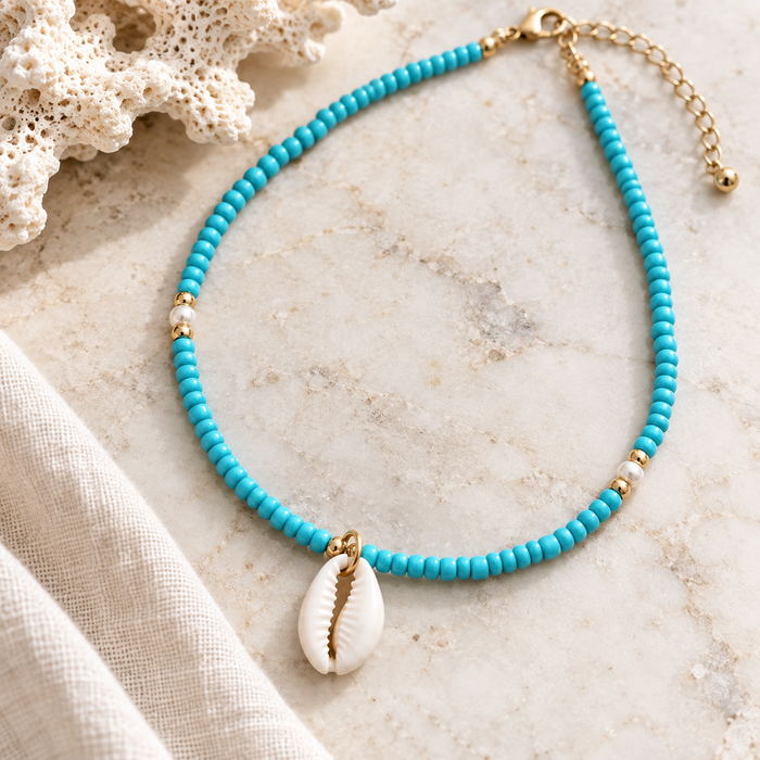 Turquoise Seed Bead Cowrie Shell Necklace