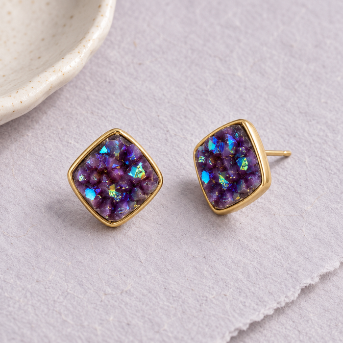 Purple Faux Druzy Gold-Plated Stud Earrings