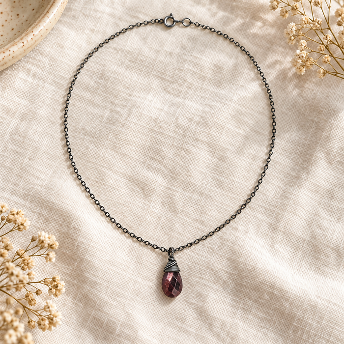 Maroon Pyrite Necklace in Oxidized Sterling Silver