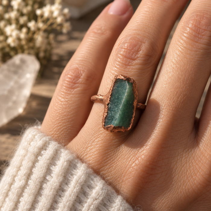 OOAK Green Jade Electroformed Copper Ring – Size 7.5