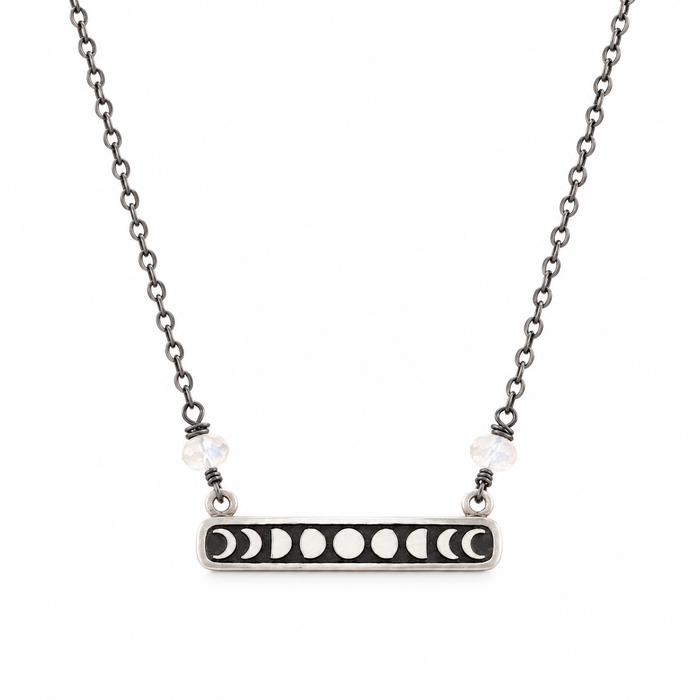 Celestial Moon Phase Charm - Oxidized Sterling Silver Necklace - Gift for Her