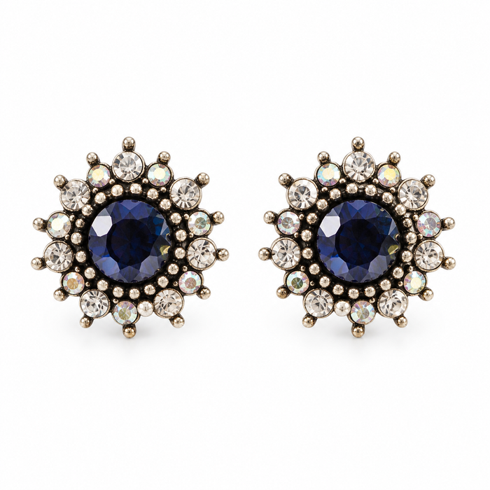 Navy Blue Crystal Halo Stud Earrings